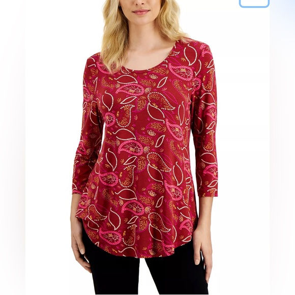 JM Collection Paisley Print Tee NEW Womens Plus Size 2X XXL Rust Brown Flare - Picture 2 of 8
